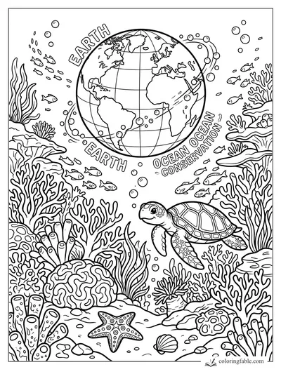 Coloring page of a sea turtle, coral reef, fish, bubbles, and an Earth globe labeled ocean conservation.