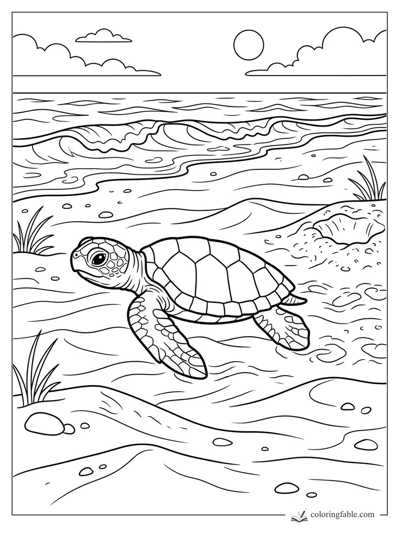 Sea turtle crawling over a sandy beach toward rolling waves, with clouds, sun, shells, grass, and pebbles.