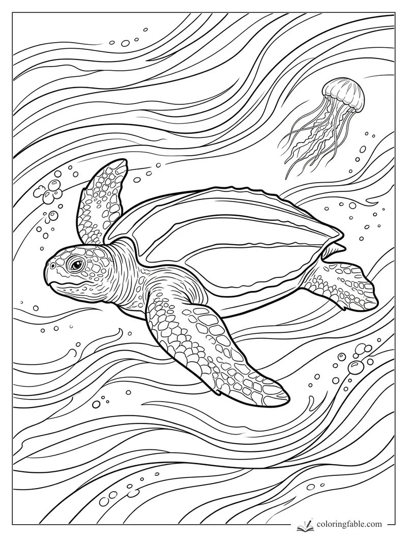 Realistic sea turtle swimming through flowing ocean currents with bubbles and a jellyfish