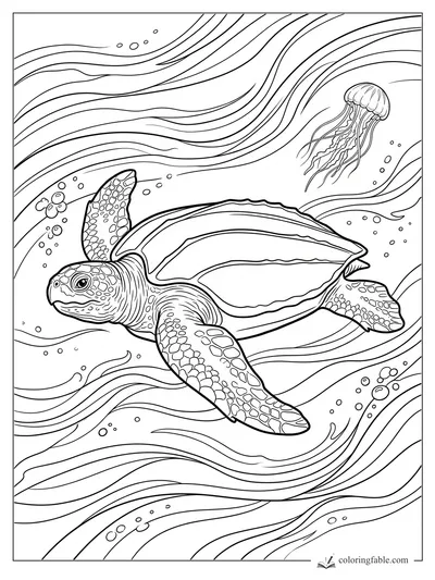 Realistic sea turtle swimming through flowing ocean currents with bubbles and a jellyfish