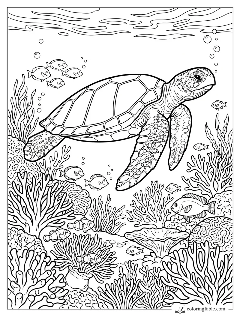 Realistic sea turtle swimming above coral, reef fish, bubbles, and wavy water surface lines