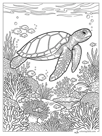 Realistic sea turtle swimming above coral, reef fish, bubbles, and wavy water surface lines