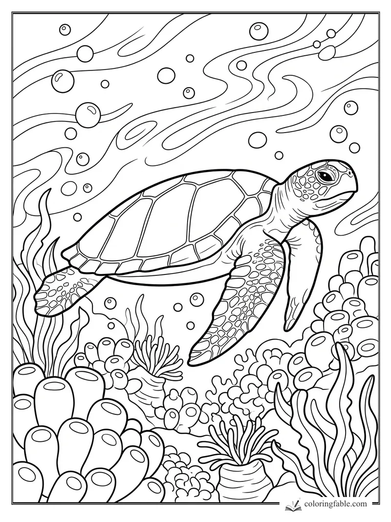 Sea turtle swimming above coral, seaweed, bubbles, and flowing ocean currents