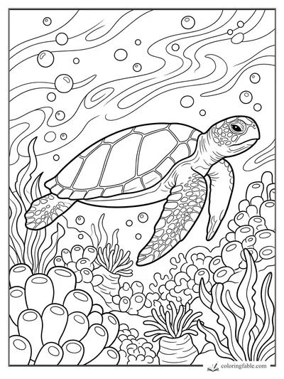 Sea turtle swimming above coral, seaweed, bubbles, and flowing ocean currents
