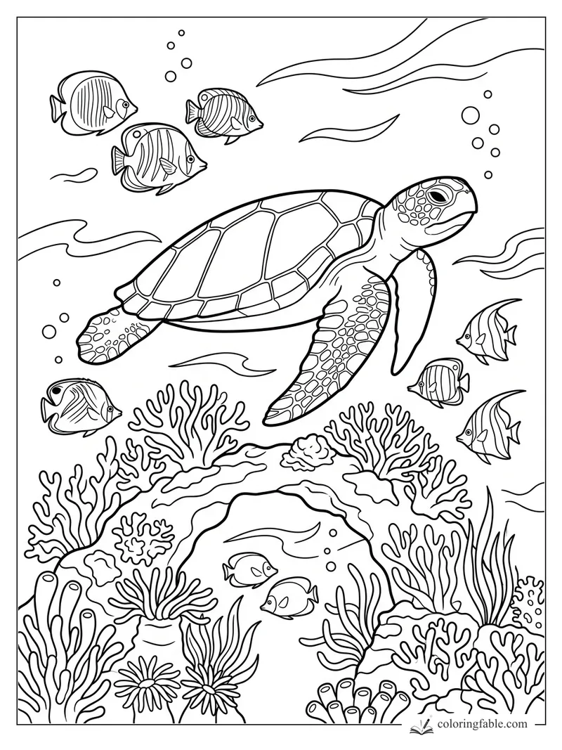 Sea turtle swimming above coral reef with striped fish, bubbles, seaweed, and flowing current lines