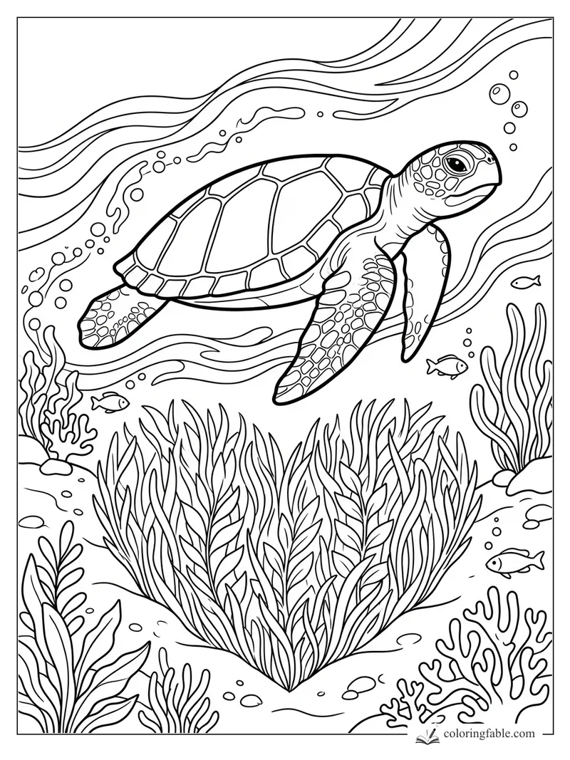 Sea turtle swims above heart-shaped seagrass, coral, bubbles, and small fish in an underwater scene.