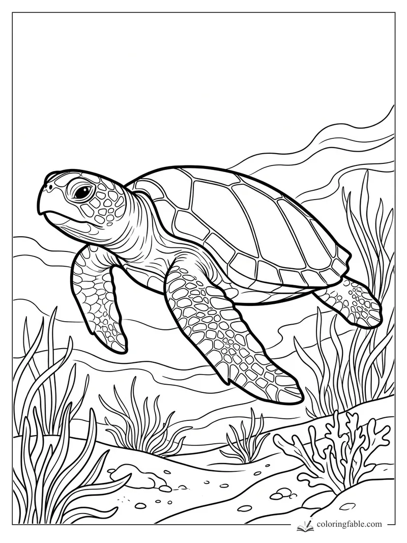 Realistic sea turtle swimming over sand, coral, and tall seagrass in an underwater scene