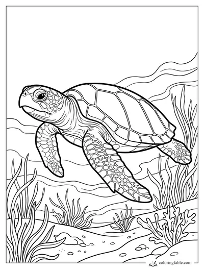Realistic sea turtle swimming over sand, coral, and tall seagrass in an underwater scene