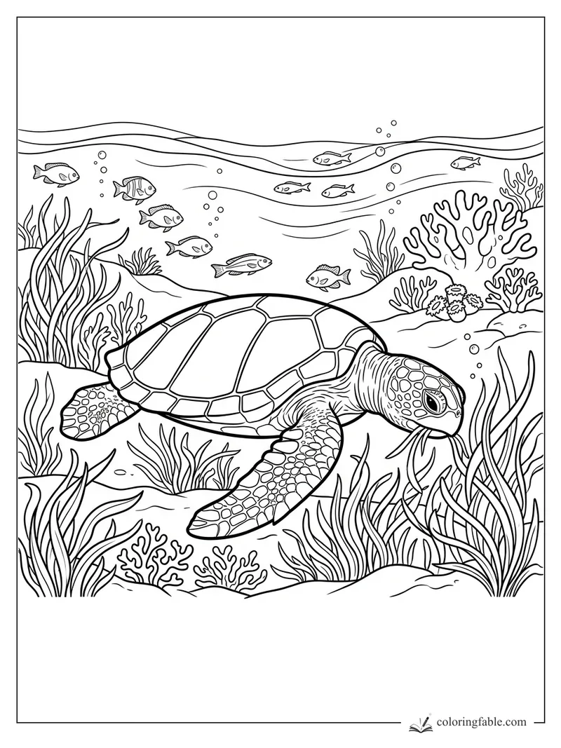 Sea turtle swimming through coral, sea grass, bubbles, and small fish in an underwater coloring page