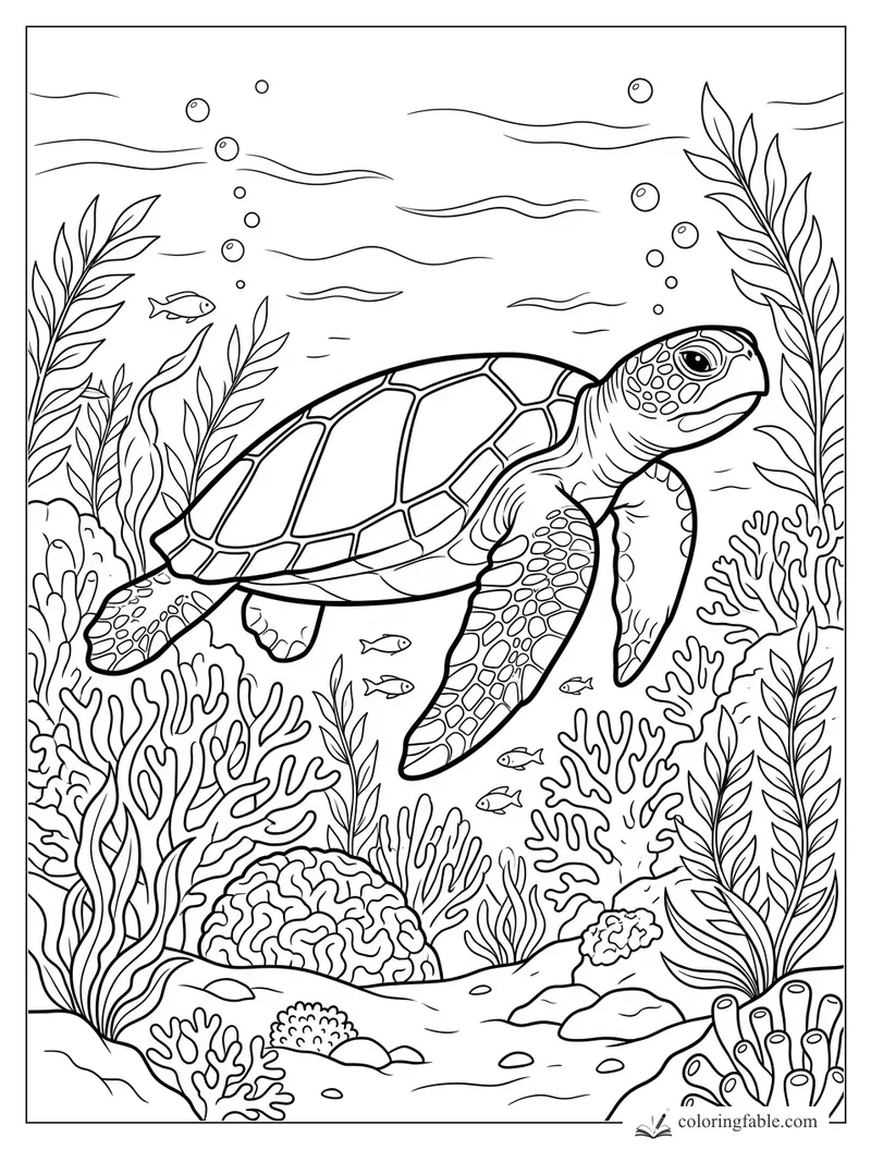Sea turtle swimming over coral reef with kelp, bubbles, and small fish