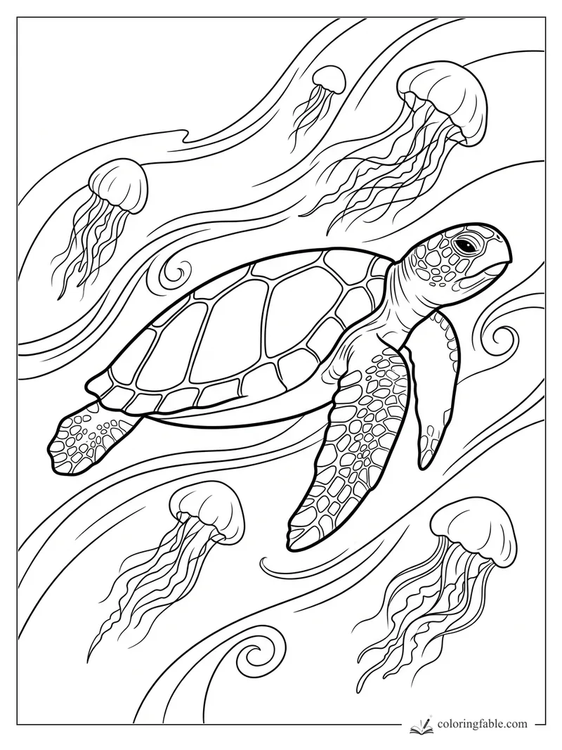 Sea turtle swimming through curling ocean currents with five jellyfish and patterned flippers