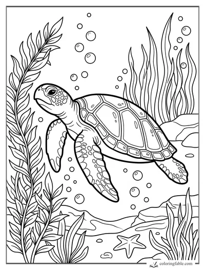 Sea turtle swimming past kelp, bubbles, rocks, and a starfish on the seafloor