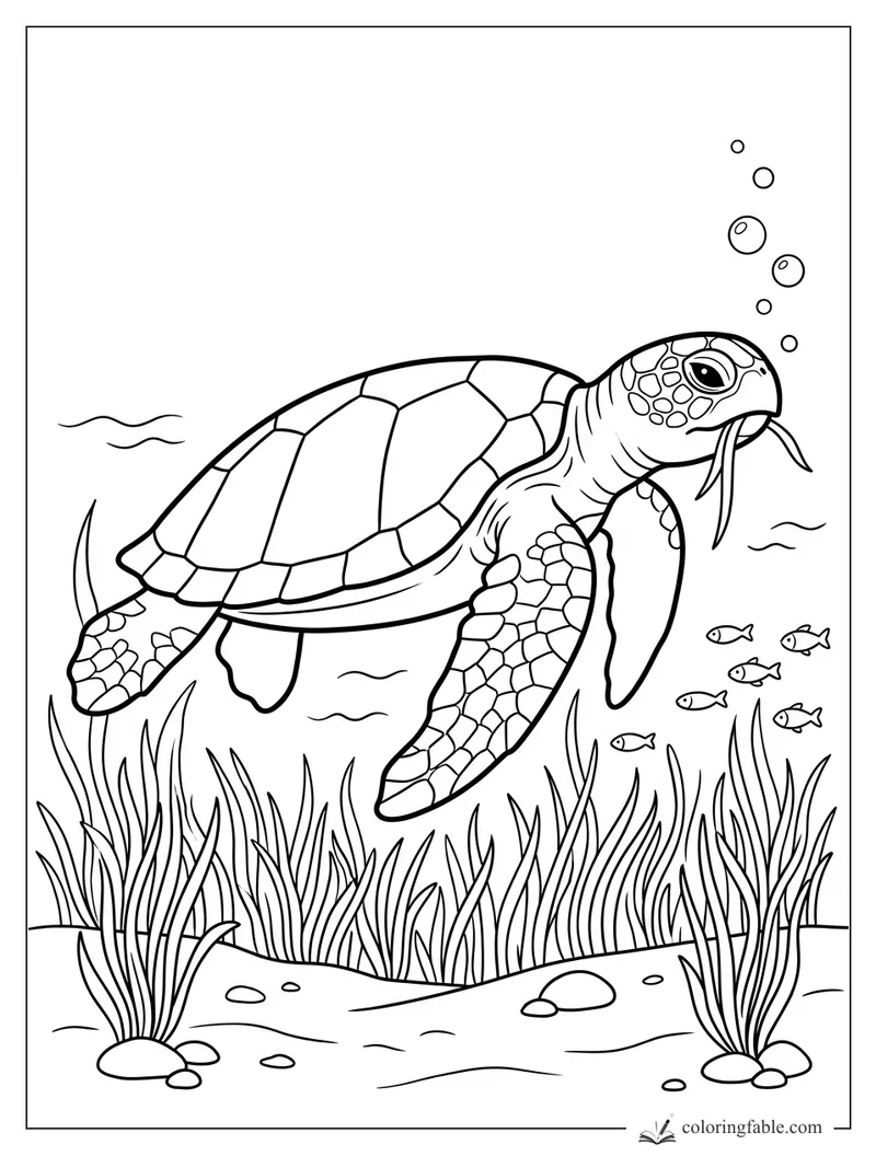 Sea turtle swimming over seagrass with bubbles, small fish, and patterned shell