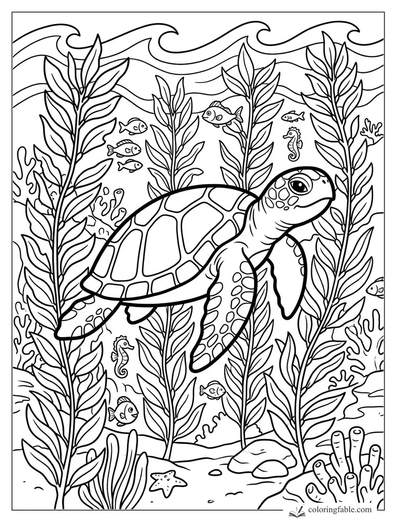 Cartoon sea turtle swimming through tall kelp with small fish, seahorses, coral, waves, and a starfish.