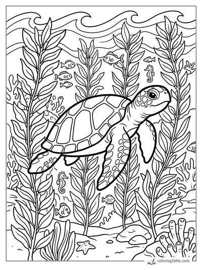 Cartoon sea turtle swimming through tall kelp with small fish, seahorses, coral, waves, and a starfish.