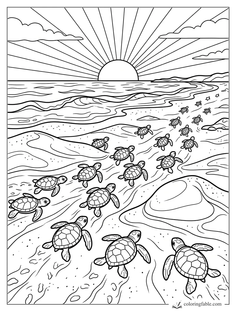 Sea turtle hatchlings crawl over a sandy beach toward ocean waves and a rising sun.