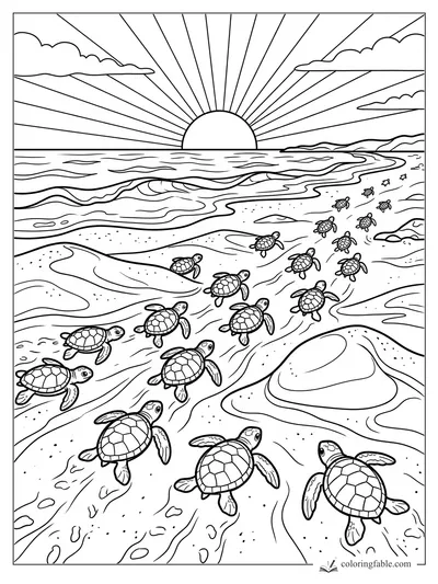 Sea turtle hatchlings crawl over a sandy beach toward ocean waves and a rising sun.