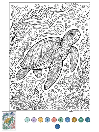 Sea Turtle in Moon-Swirled Reef Currents — color by number