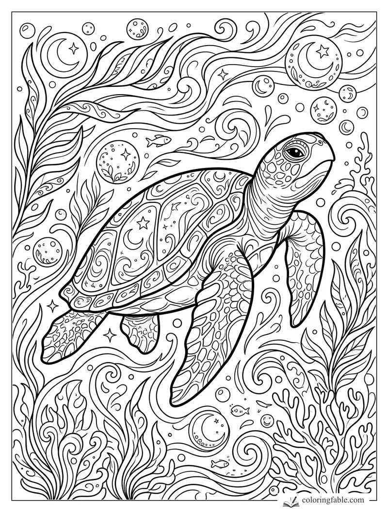 Aesthetic sea turtle with patterned shell swimming through moon swirls, bubbles, fish, coral, and seaweed.