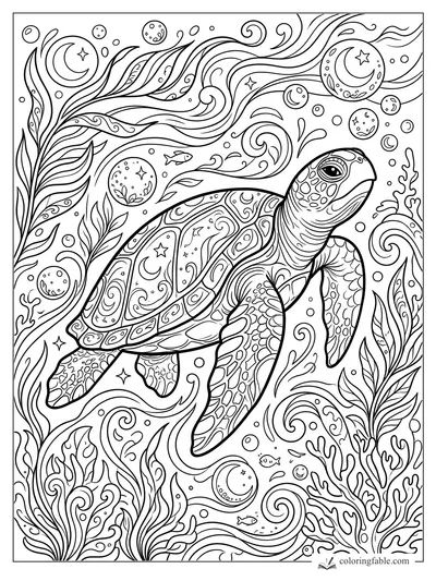 Aesthetic sea turtle with patterned shell swimming through moon swirls, bubbles, fish, coral, and seaweed.