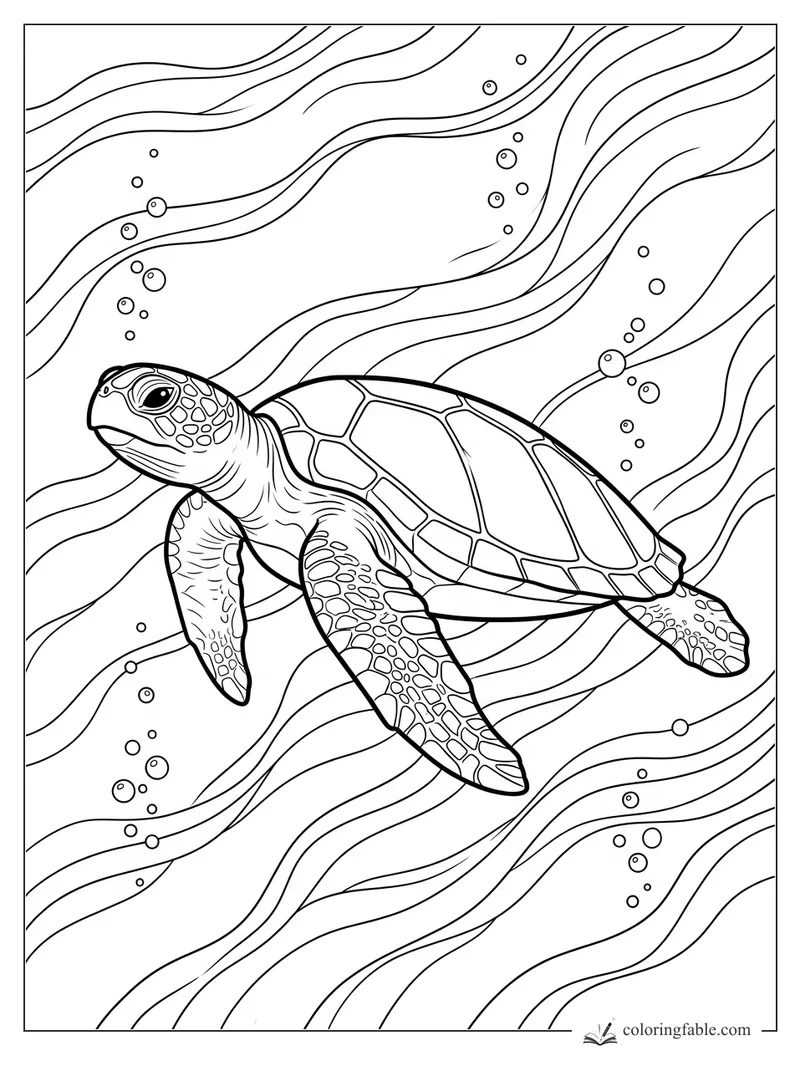 Realistic sea turtle swimming through wavy ocean currents and bubbles coloring page