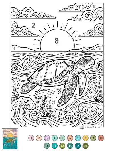 Sea Turtle Swimming Beneath a Swirly Sunrise — color by number