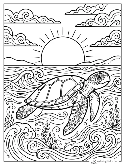 Cartoon sea turtle swimming under curling waves, reef plants, fish, sunrise, and spiral clouds.