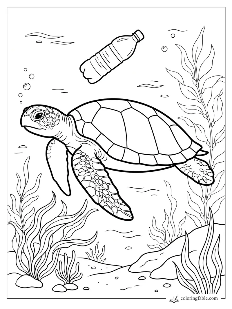 Sea turtle swims past seaweed, bubbles, rocks, and a floating plastic bottle underwater.