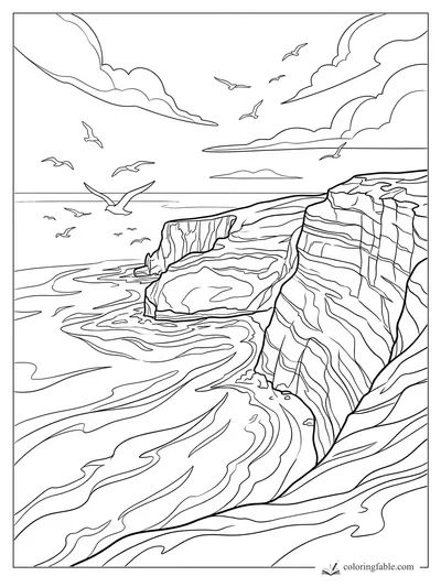 Realistic coloring page of seabirds flying above striped coastal cliffs and swirling ocean waves.
