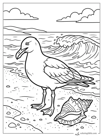 Easy seagull coloring page with ocean wave, beach sand, clouds, and a large seashell