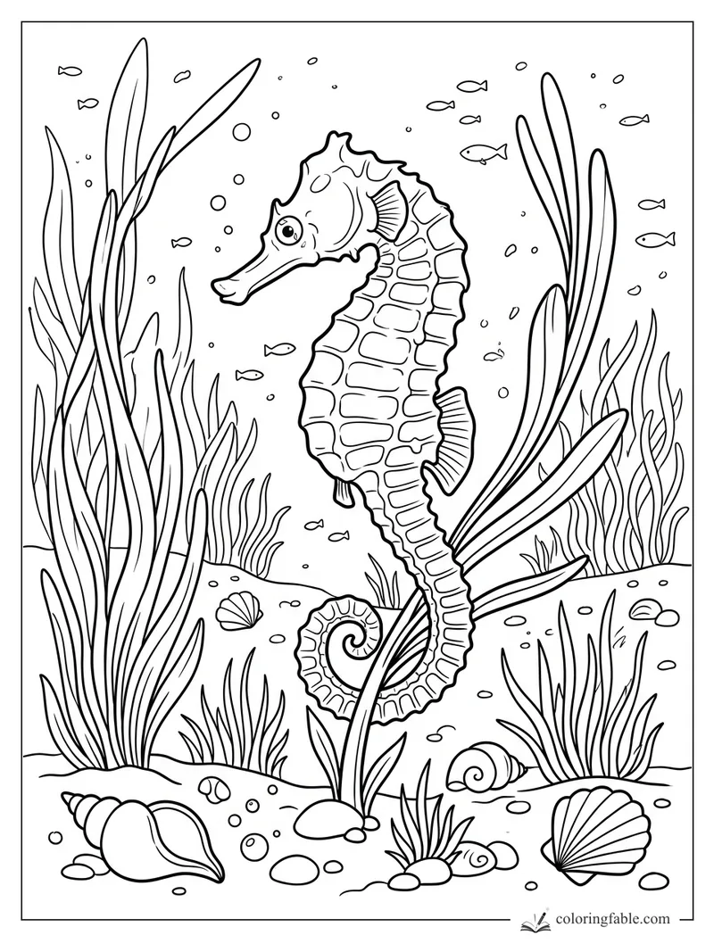 Seahorse coloring page with tall seagrass, tiny fish, bubbles, shells, and pebbles on the ocean floor.