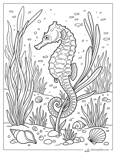 Seahorse coloring page with tall seagrass, tiny fish, bubbles, shells, and pebbles on the ocean floor.