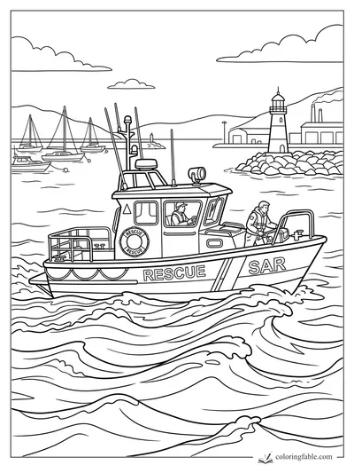 Search and rescue boat cutting through waves near sailboats, a lighthouse, and harbor buildings.