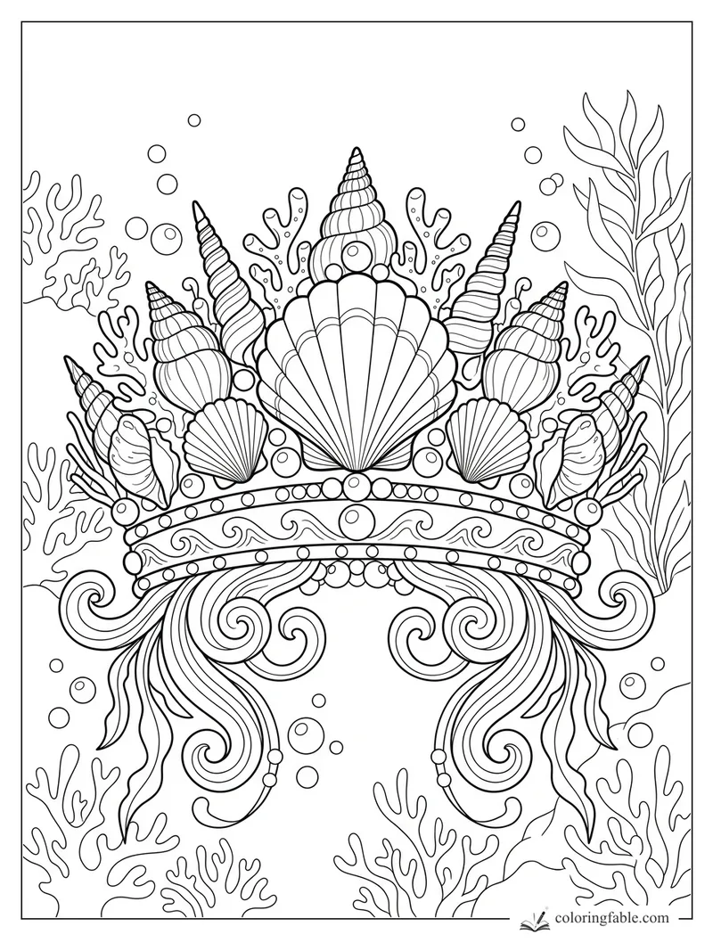 Ornate seashell crown with spiral shells, pearls, coral branches, seaweed, and bubbles underwater