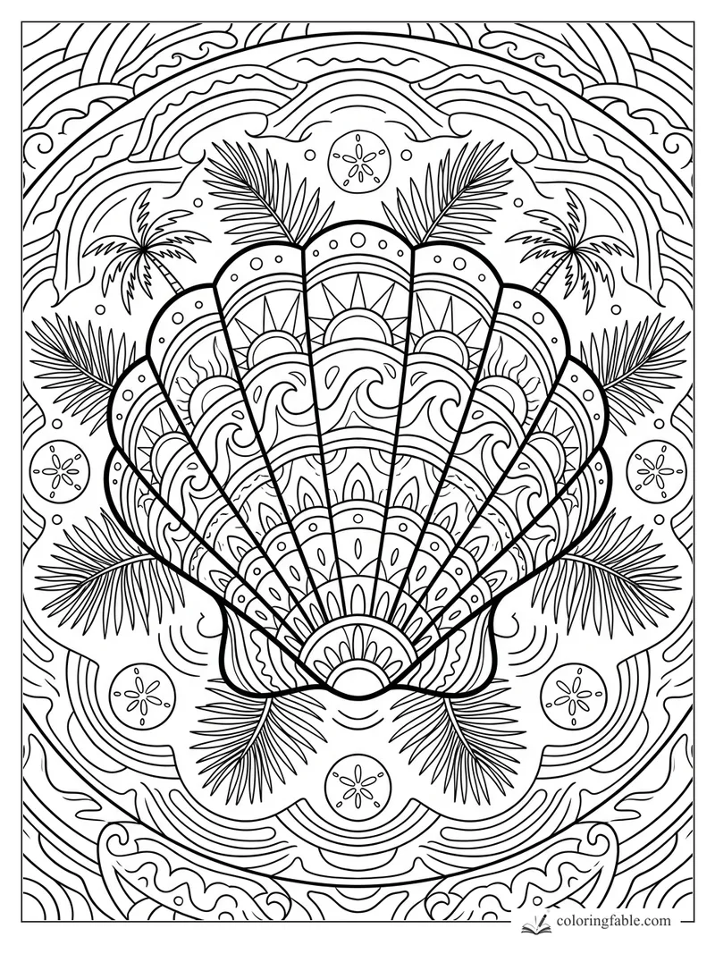 Intricate seashell mandala with palm fronds, curling waves, sand dollars, and arched tropical patterns.