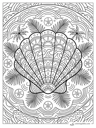 Intricate seashell mandala with palm fronds, curling waves, sand dollars, and arched tropical patterns.