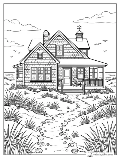 Coloring page of a shingled beach house with porch chairs, dune grass, shells, clouds, and gulls.