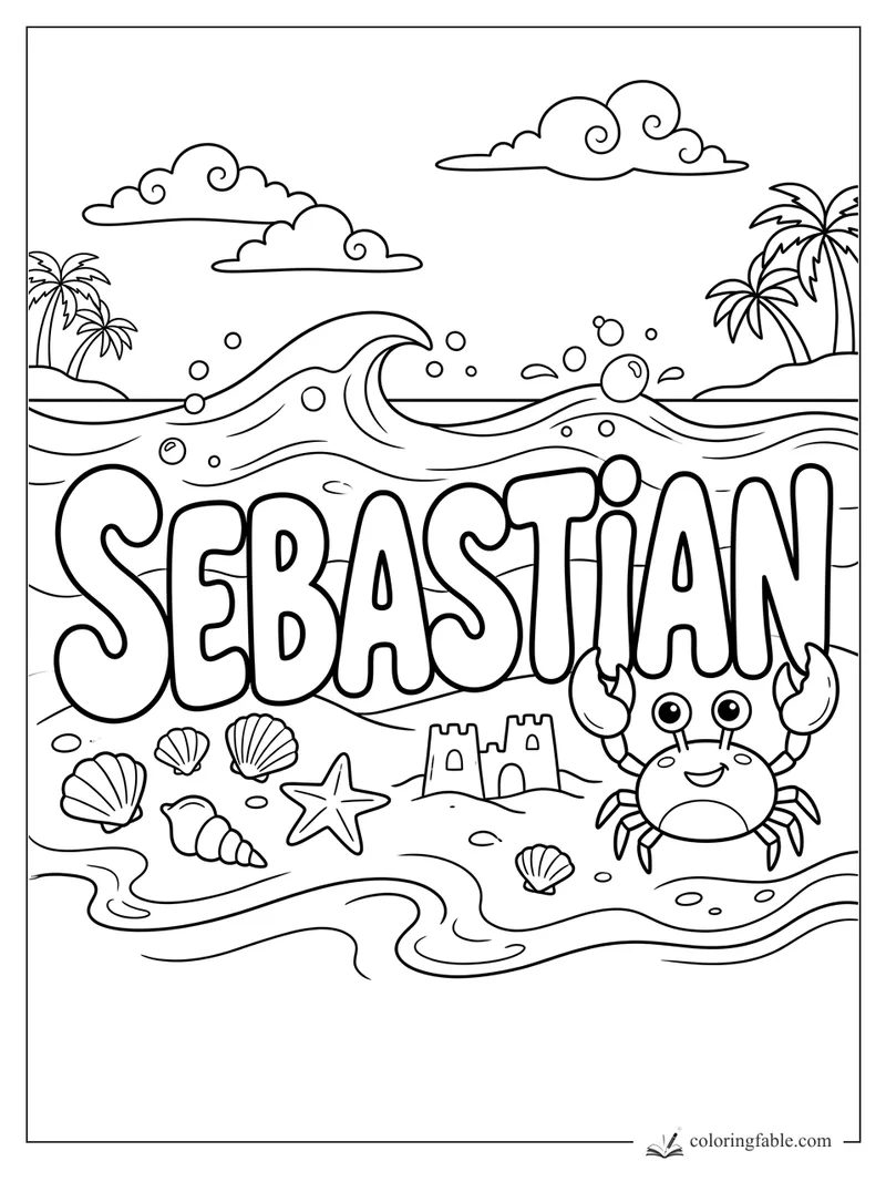 Sebastian name coloring page with ocean waves, smiling crab, seashells, palms, clouds, and sandcastle.