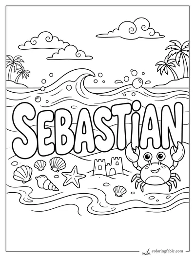 Sebastian name coloring page with ocean waves, smiling crab, seashells, palms, clouds, and sandcastle.