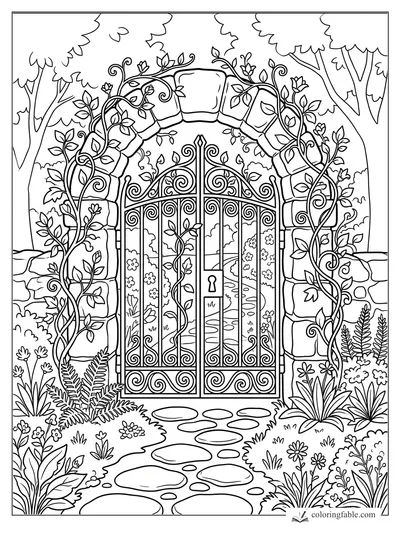 Ornate iron garden gate under a stone arch, covered with leafy vines and surrounded by flowers.