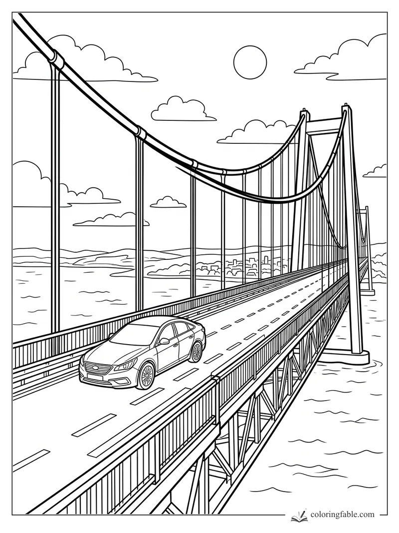 Sedan driving across a suspension bridge over water with towers, cables, clouds, sun, and distant city.