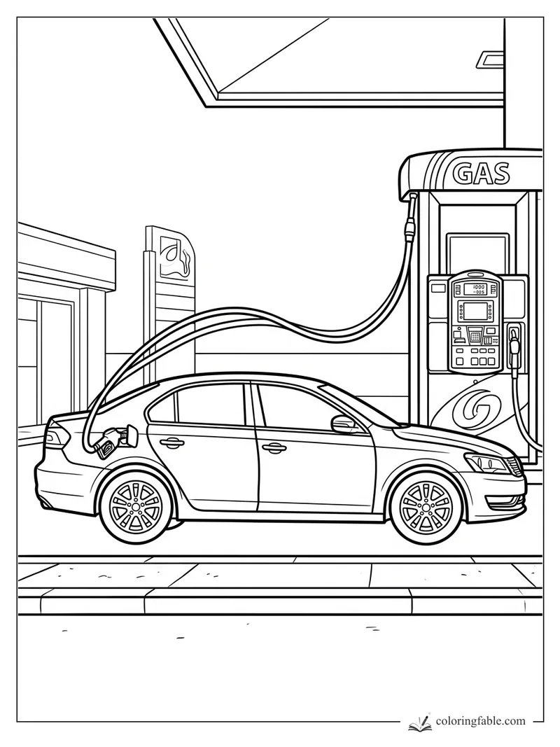 Sedan parked at a gas pump with hoses, fuel nozzle, canopy, sidewalk, and GAS sign coloring page