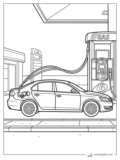 Sedan parked at a gas pump with hoses, fuel nozzle, canopy, sidewalk, and GAS sign coloring page