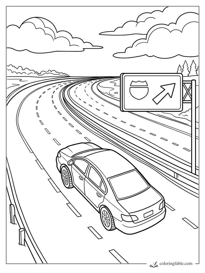 Sedan on a curving highway beside an exit sign with shield and arrow under big clouds