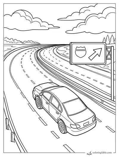 Sedan on a curving highway beside an exit sign with shield and arrow under big clouds