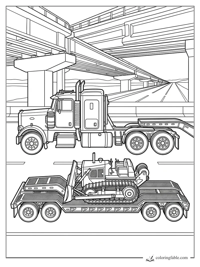 Engraving-style semi truck hauling a bulldozer on a lowboy trailer beneath highway overpasses.