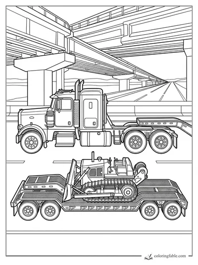 Engraving-style semi truck hauling a bulldozer on a lowboy trailer beneath highway overpasses.