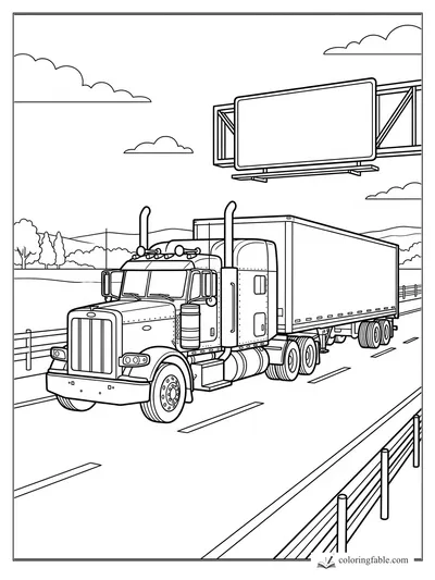 Realistic semi truck with trailer driving under a blank billboard on a fenced highway.