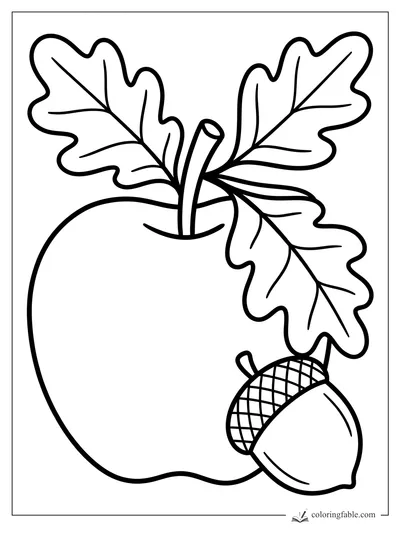 Bold coloring page of a round apple, three oak leaves, and an acorn for September.