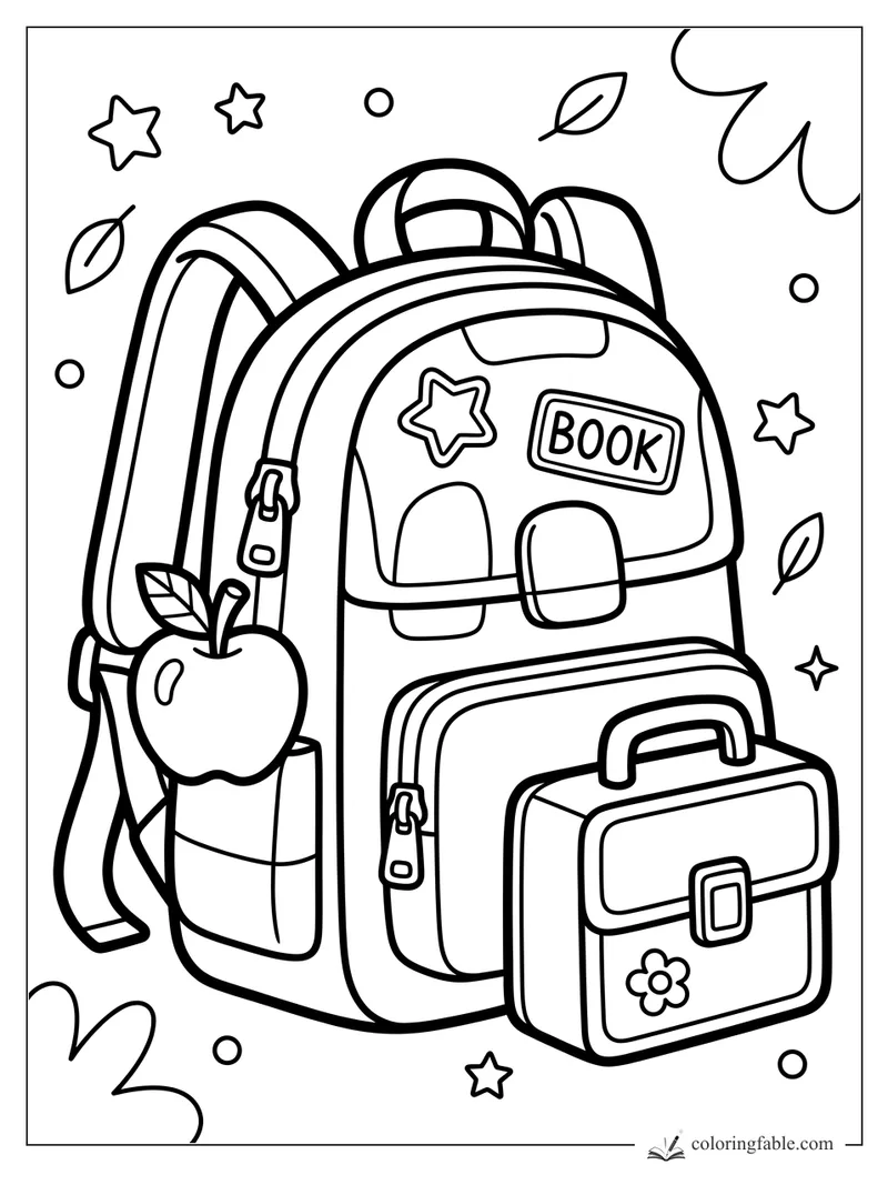 Easy September coloring page with a school backpack, apple, BOOK patch, lunchbox, stars, and leaves.